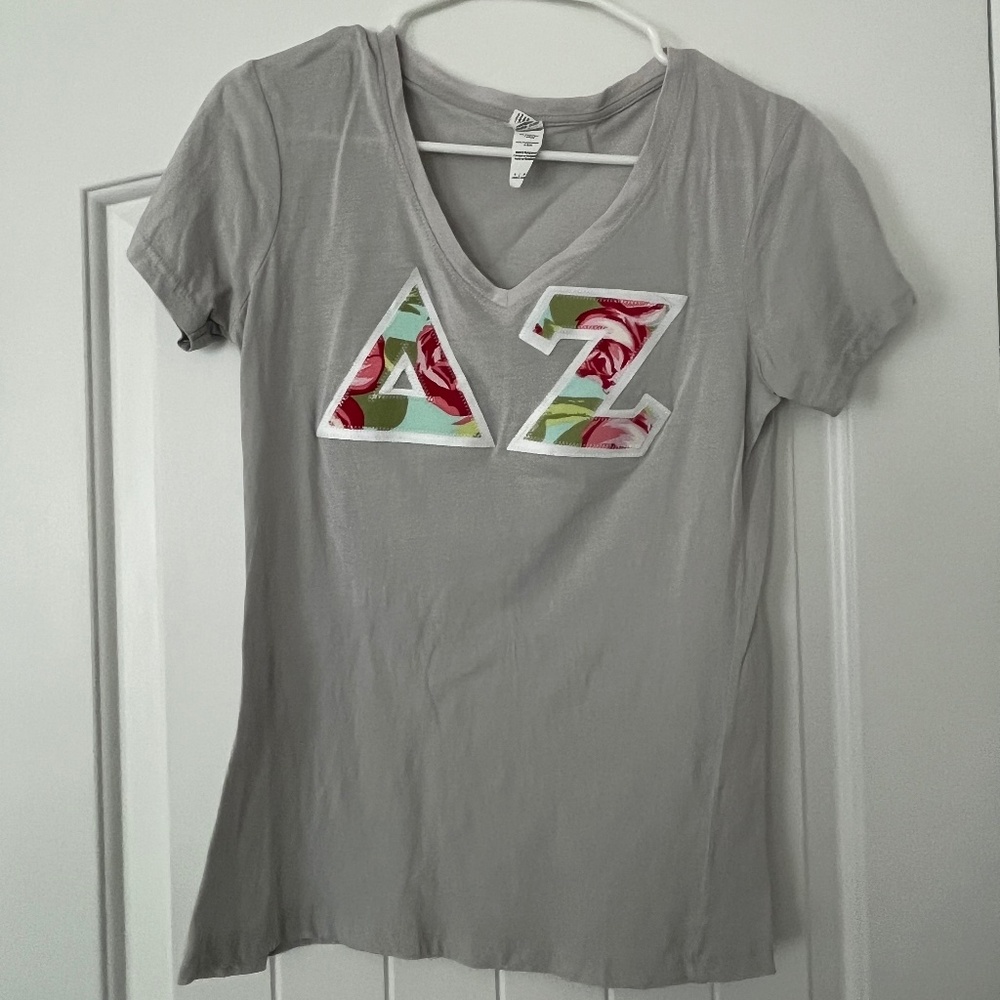 Grey Delta Zeta Floral V-Neck Stitch